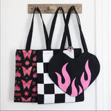 Burning Heart Pink Flame Tote Bag – Black Heart-Shaped Y2K Emo Alt Shoulder Bag
