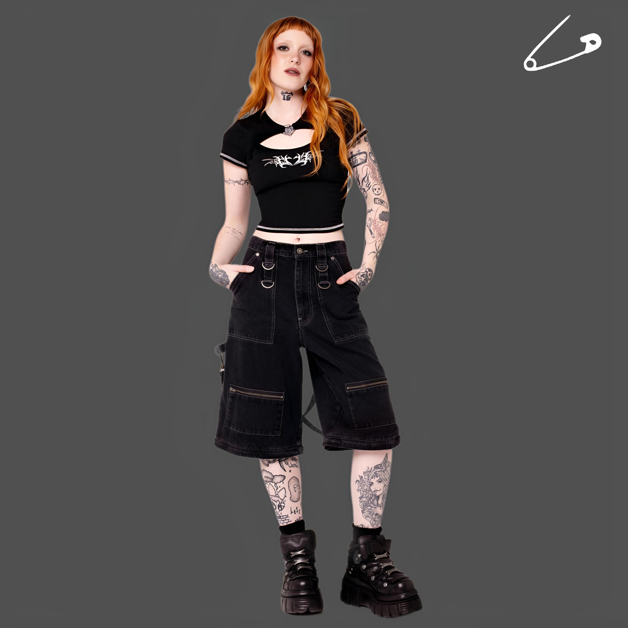 Hell Bunny Sid X Baggy Trousers Black Goth Utility Wide-Leg Pants