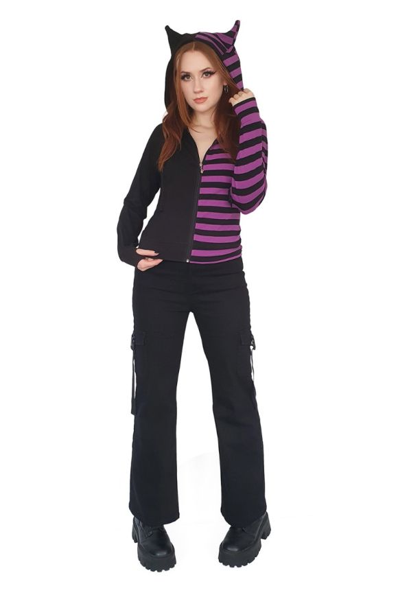 Banned Apparel Purple Black Striped Shiori Cat Ears Hoodie