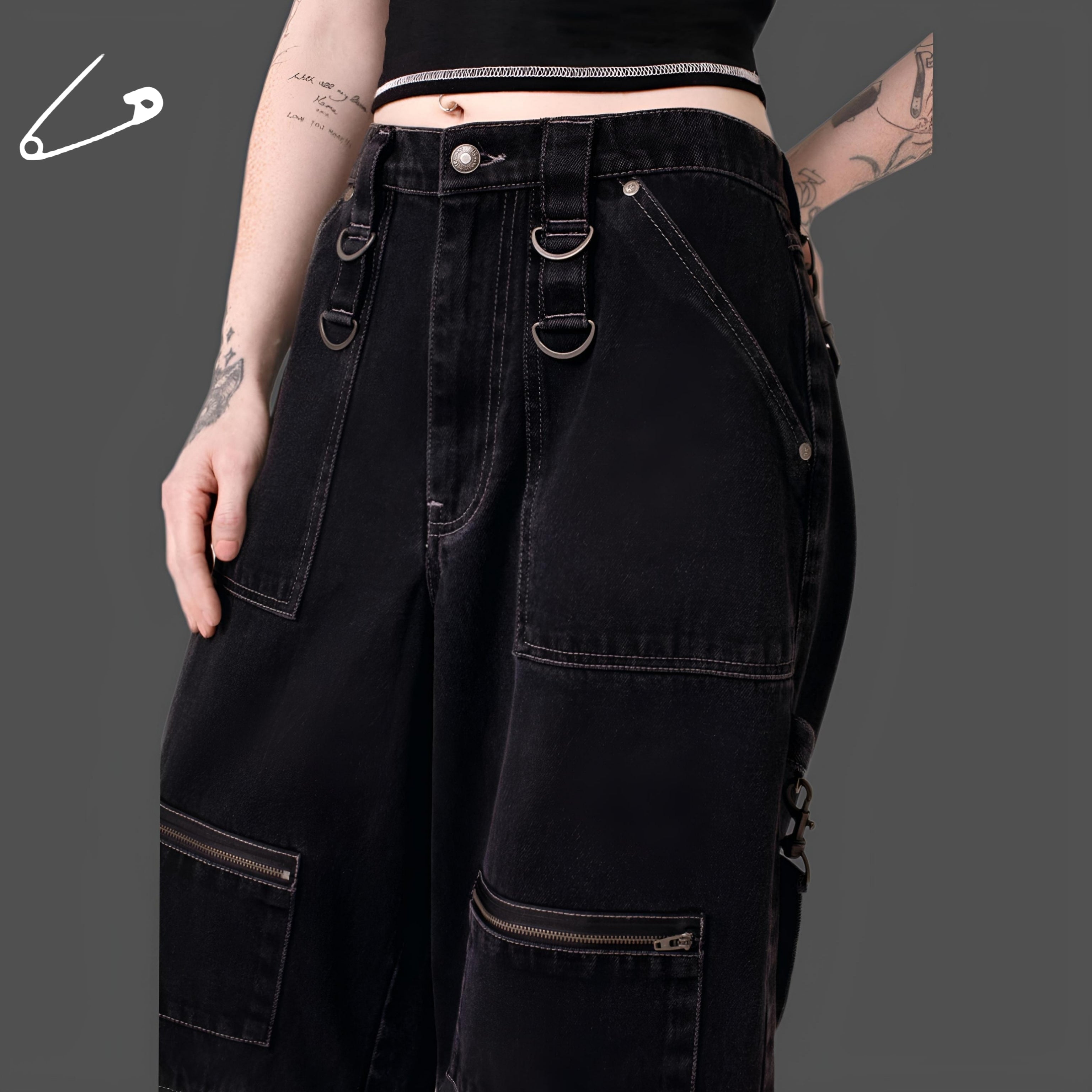 Hell Bunny Sid X Baggy Trousers Black Goth Utility Wide-Leg Pants