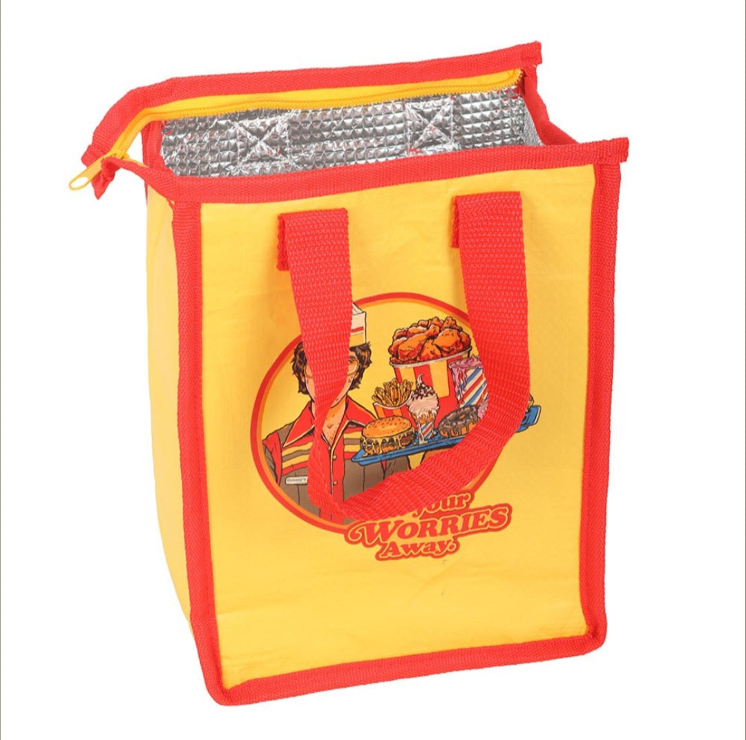 Steven Rhodes “Eat Your Worries Away” Retro Lunch Bag – Funny Gift Tote for Adults