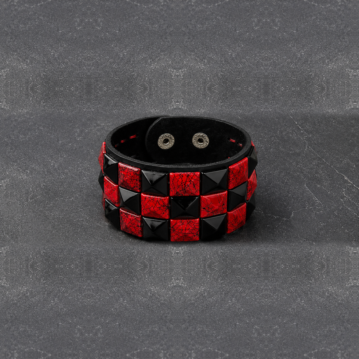 Red Check 3 Row Studded Alternative Wristband